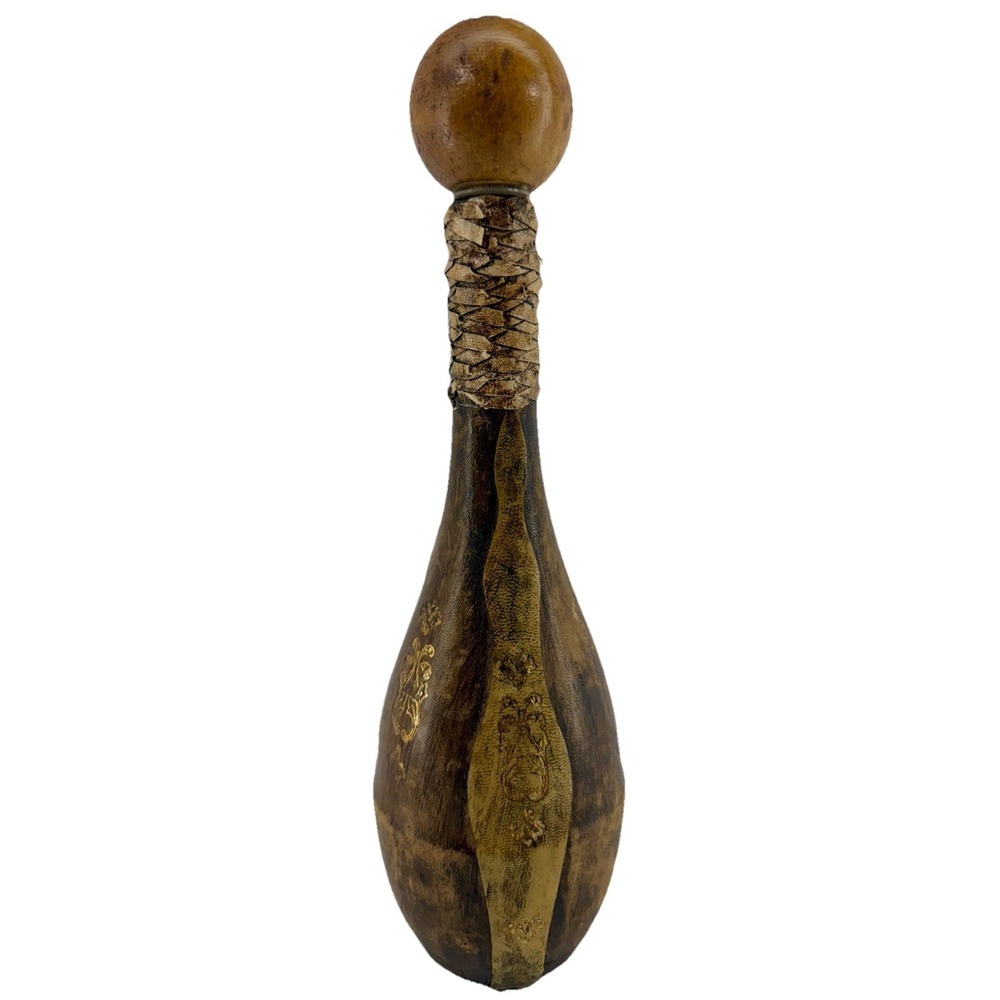 Vintage Italian Leather Covered Bottle w‎ Stopper Handcrafted Art Decor 13"